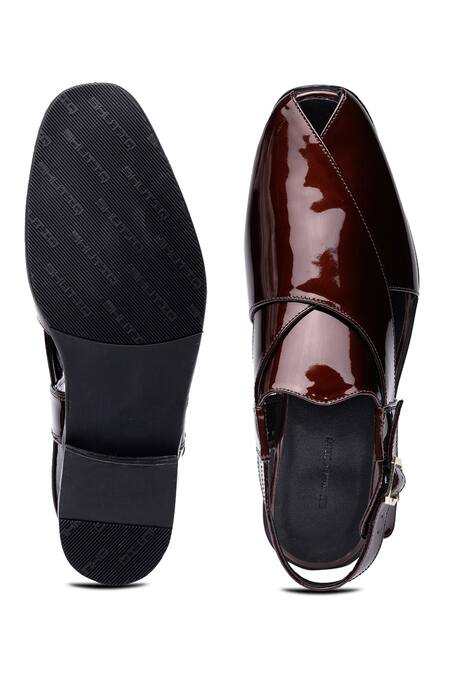 Shop_Shutiq_Wine Plain Patent Leather Peshawari Sandals _at_Aza_Fashions