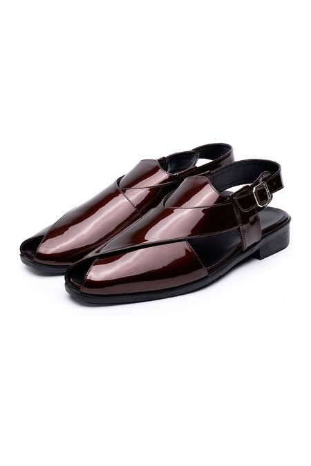 Shutiq_Wine Plain Patent Leather Peshawari Sandals _Online_at_Aza_Fashions