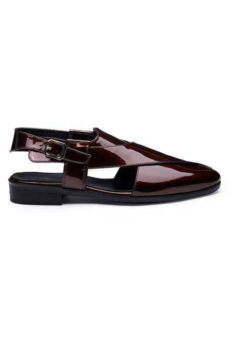 Buy_Shutiq_Wine Plain Patent Leather Peshawari Sandals _Online_at_Aza_Fashions