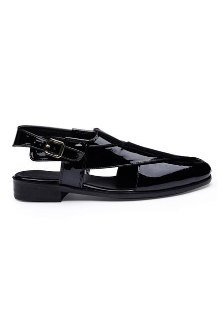 Buy_Shutiq_Black Plain Leather Peshawari Sandals _Online_at_Aza_Fashions