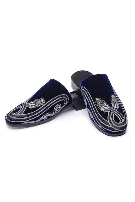 SHUTIQ Blue Dragon Embroidery Velvet Mules 