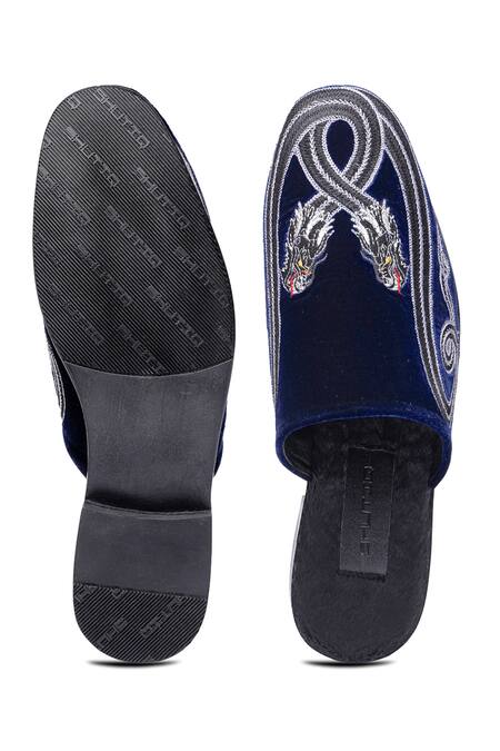 Shop_Shutiq_Blue Dragon Embroidery Velvet Mules _at_Aza_Fashions