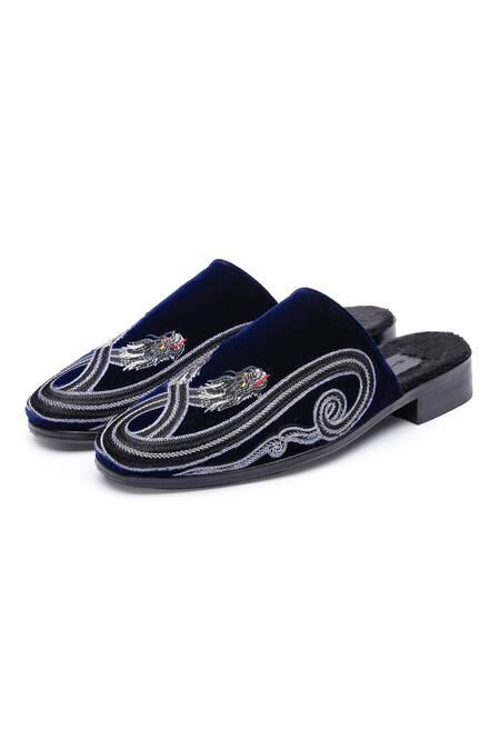 Shutiq_Blue Dragon Embroidery Velvet Mules _Online_at_Aza_Fashions