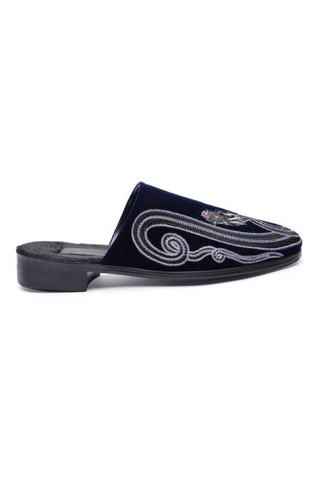 Buy_Shutiq_Blue Dragon Embroidery Velvet Mules _Online_at_Aza_Fashions