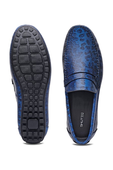 Shop_Shutiq_Blue Feline Embossed Leather Loafers _at_Aza_Fashions