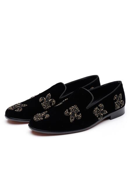Shutiq Black Fleur De Lis Embroidered Velvet Shoes Online at Aza Fashions Shutiq_Black Fleur De Lis Embroidered Velvet Shoes _Online_at_Aza_Fashions