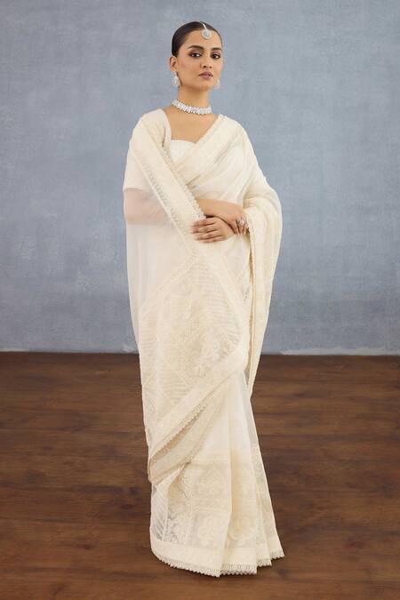 Shop_Torani_Ivory Organza, Jersey Sequins, Embroidery Maahe Heba Saree_Online_at_Aza_Fashions