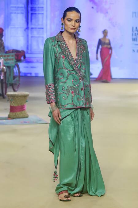 PUNIT BALANA Green Blazer Raw Silk Embroidered Resham Scallop Hem Pre-draped Saree With  3