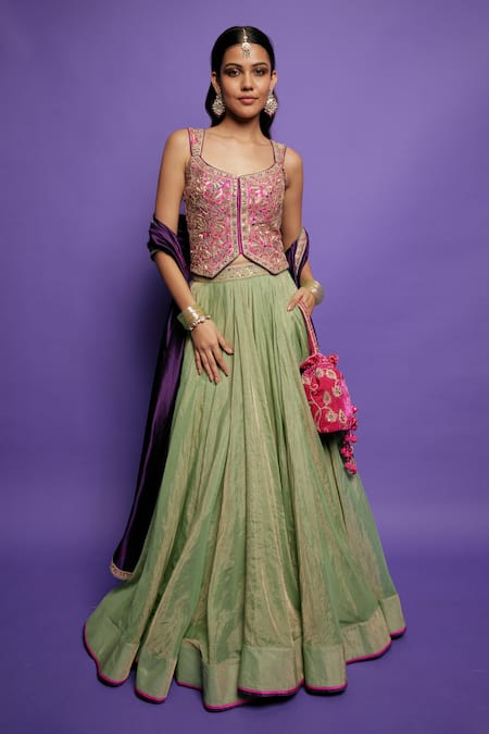Punit Balana_Green Organza, Silk, Velvet, Tissue Placement Lehenga And Waistcoat Set _Online_at_Aza_Fashions