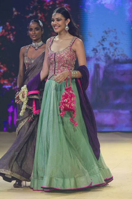 Buy_Punit Balana_Green Organza, Silk, Velvet, Tissue Placement Lehenga And Waistcoat Set _Online_at_Aza_Fashions
