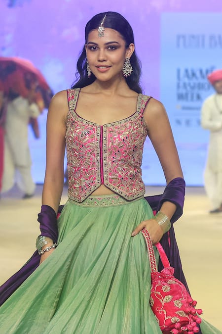 Shop_Punit Balana_Green Organza, Silk, Velvet, Tissue Placement Lehenga And Waistcoat Set _Online_at_Aza_Fashions