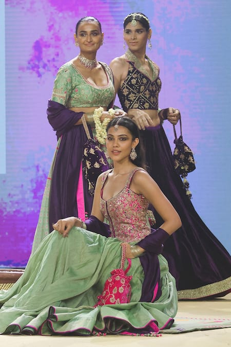 Punit Balana_Green Organza, Silk, Velvet, Tissue Placement Lehenga And Waistcoat Set _at_Aza_Fashions