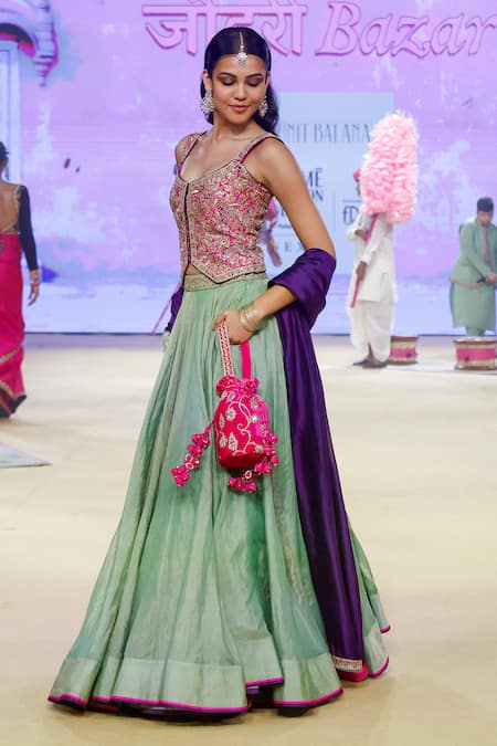 Buy_Punit Balana_Green Organza, Silk, Velvet, Tissue Placement Lehenga And Waistcoat Set 