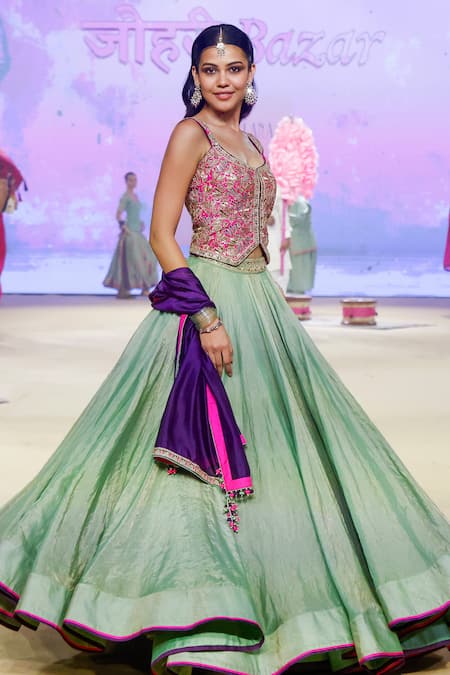 Shop_Punit Balana_Green Organza, Silk, Velvet, Tissue Placement Lehenga And Waistcoat Set 