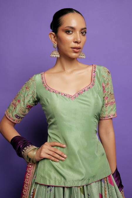 Punit Balana_Green Chanderi Silk, Organza Embroidery, Bandhani Print Lehenga Kurta Set _Online_at_Aza_Fashions