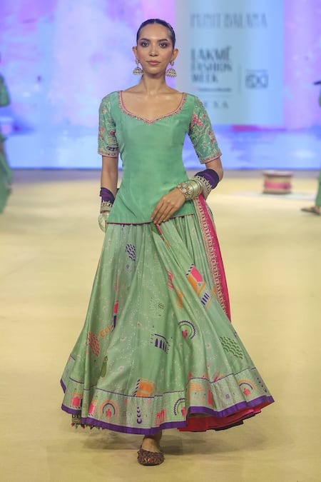 Buy_Punit Balana_Green Chanderi Silk, Organza Embroidery, Bandhani Print Lehenga Kurta Set _Online_at_Aza_Fashions