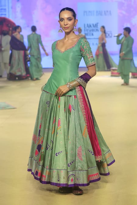 Shop_Punit Balana_Green Chanderi Silk, Organza Embroidery, Bandhani Print Lehenga Kurta Set _Online_at_Aza_Fashions