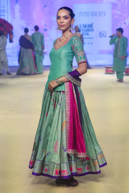 Punit Balana_Green Chanderi Silk, Organza Embroidery, Bandhani Print Lehenga Kurta Set _at_Aza_Fashions
