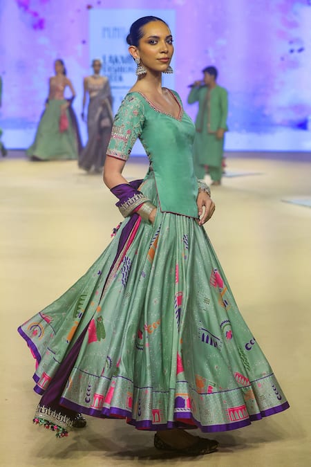 Buy_Punit Balana_Green Chanderi Silk, Organza Embroidery, Bandhani Print Lehenga Kurta Set 