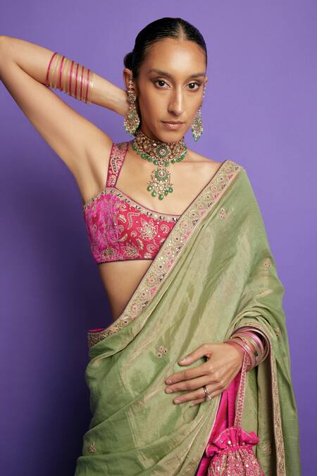 Punit Balana_Green Velvet Zari, Embroidery Scoop Neck Marodi Work Saree With Blouse _Online_at_Aza_Fashions