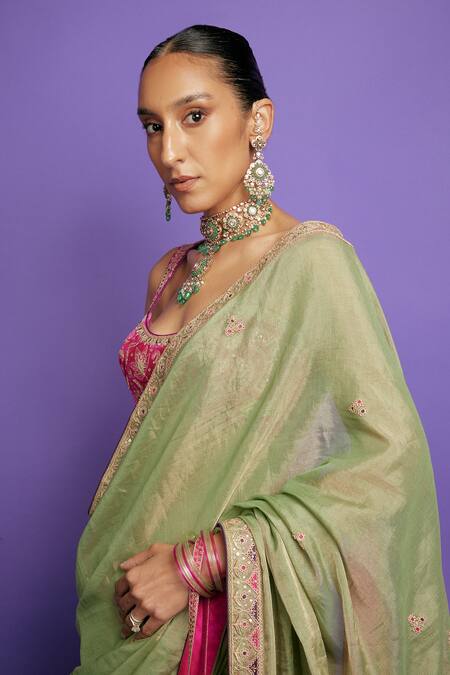 Buy_Punit Balana_Green Velvet Zari, Embroidery Scoop Neck Marodi Work Saree With Blouse _Online_at_Aza_Fashions