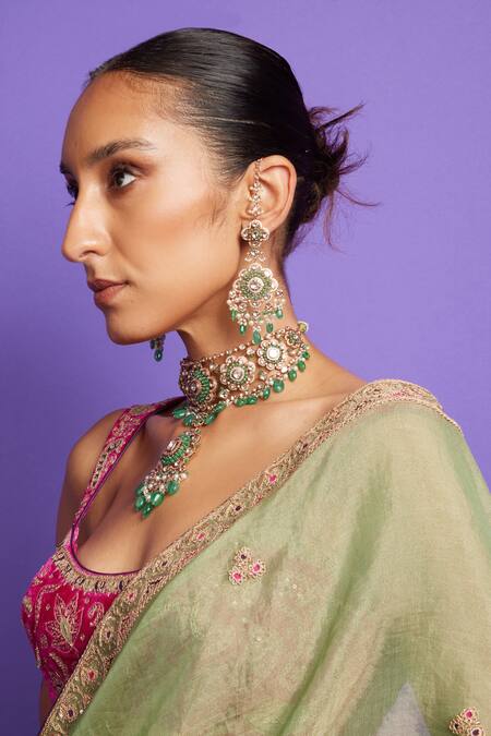 Shop_Punit Balana_Green Velvet Zari, Embroidery Scoop Neck Marodi Work Saree With Blouse _Online_at_Aza_Fashions