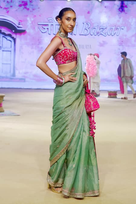 Shop_Punit Balana_Green Velvet Zari, Embroidery Scoop Neck Marodi Work Saree With Blouse _at_Aza_Fashions