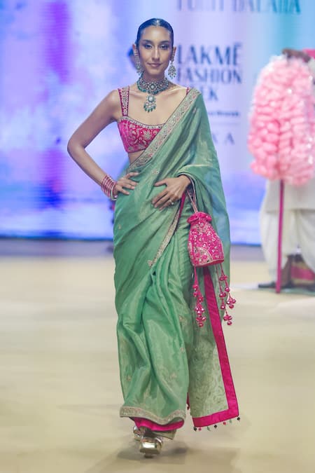Punit Balana_Green Velvet Zari, Embroidery Scoop Neck Marodi Work Saree With Blouse _at_Aza_Fashions