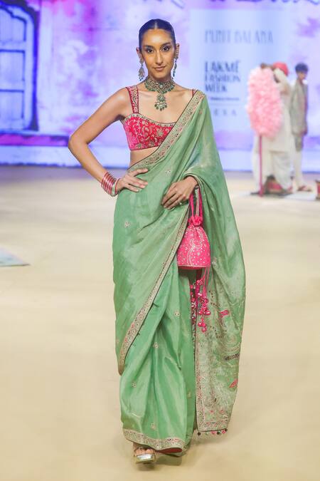 Buy_Punit Balana_Green Velvet Zari, Embroidery Scoop Neck Marodi Work Saree With Blouse 