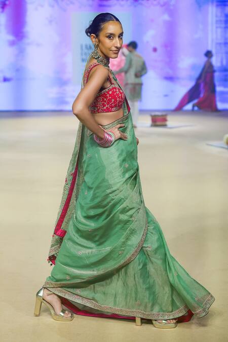 Shop_Punit Balana_Green Velvet Zari, Embroidery Scoop Neck Marodi Work Saree With Blouse 
