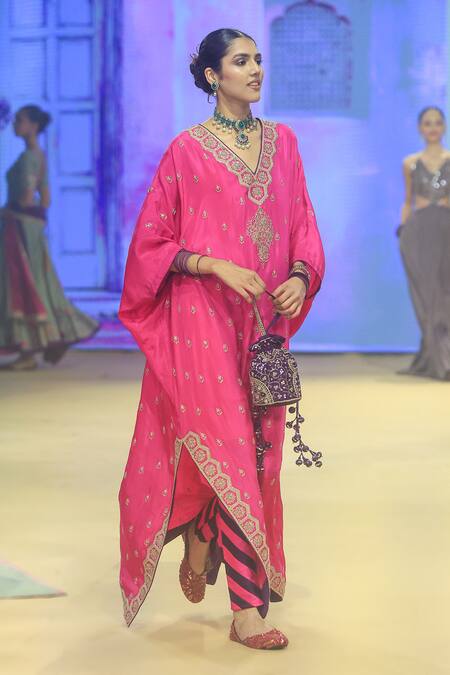 Punit Balana_Pink Silk, Lycra Embroidery V-neck Floral Marodi Kaftan Set With Churidar _Online_at_Aza_Fashions