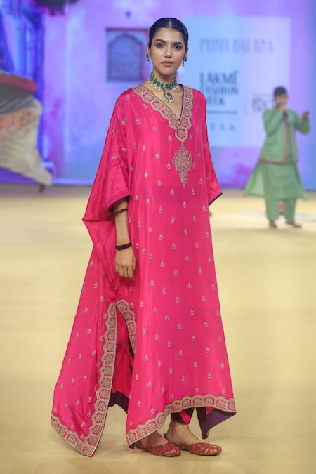 Buy_Punit Balana_Pink Silk, Lycra Embroidery V-neck Floral Marodi Kaftan Set With Churidar _Online_at_Aza_Fashions