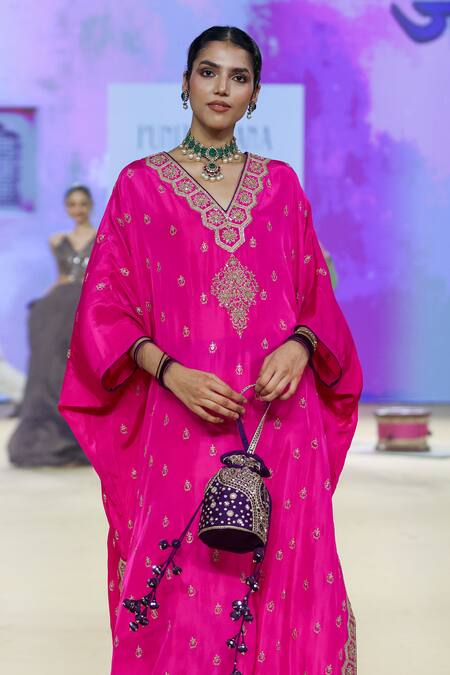 Shop Punit Balana Pink Silk, Lycra Embroidery V-neck Floral Marodi Kaftan Set With Churidar Online at Aza Fashions Shop_Punit Balana_Pink Silk, Lycra Embroidery V-neck Floral Marodi Kaftan Set With Churidar _Online_at_Aza_Fashions