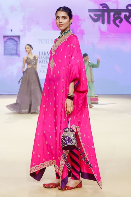 Punit Balana Pink Silk, Lycra Embroidery V-neck Floral Marodi Kaftan Set With Churidar at Aza Fashions Punit Balana_Pink Silk, Lycra Embroidery V-neck Floral Marodi Kaftan Set With Churidar _at_Aza_Fashions