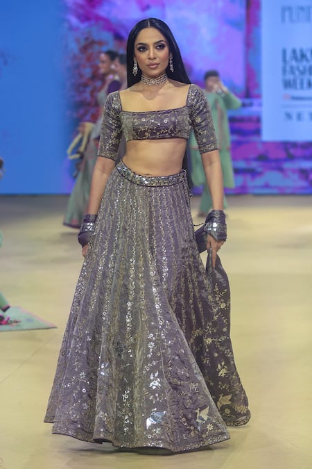 PUNIT BALANA Purple Metallic Tissue Embroidered Foil Square Johari Bazar Floral Lehenga Set 