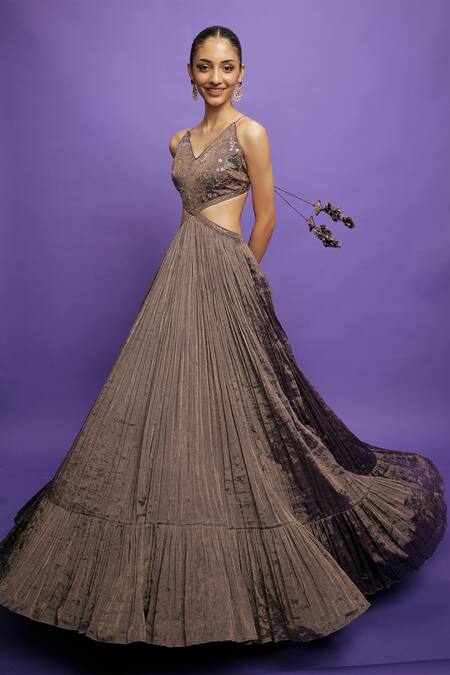 Punit Balana_Purple Tissue Embroidery V-neck Floral Foil Gown _Online_at_Aza_Fashions
