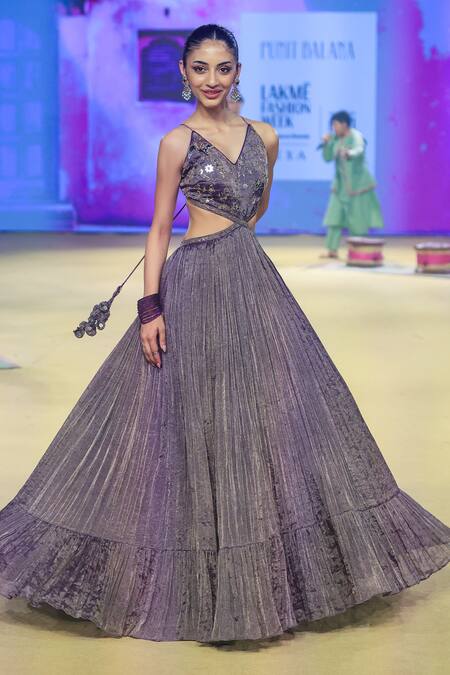 Buy_Punit Balana_Purple Tissue Embroidery V-neck Floral Foil Gown _Online_at_Aza_Fashions