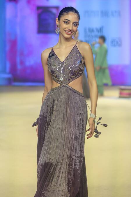 Shop_Punit Balana_Purple Tissue Embroidery V-neck Floral Foil Gown _Online_at_Aza_Fashions