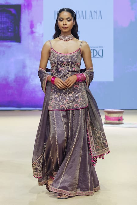 Shop_Punit Balana_Purple Tissue Embroidery Round Neck Floral Foil Kurta Sharara Set _at_Aza_Fashions