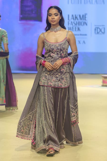 Punit Balana_Purple Tissue Embroidery Round Neck Floral Foil Kurta Sharara Set _Online_at_Aza_Fashions