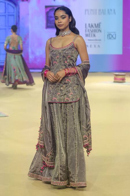 Buy_Punit Balana_Purple Tissue Embroidery Round Neck Floral Foil Kurta Sharara Set _Online_at_Aza_Fashions