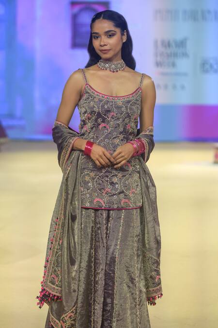 Shop_Punit Balana_Purple Tissue Embroidery Round Neck Floral Foil Kurta Sharara Set _Online_at_Aza_Fashions