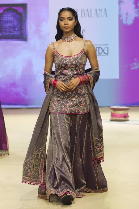 Punit Balana_Purple Tissue Embroidery Round Neck Floral Foil Kurta Sharara Set _at_Aza_Fashions