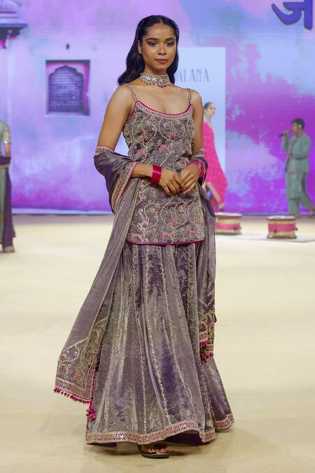 Buy_Punit Balana_Purple Tissue Embroidery Round Neck Floral Foil Kurta Sharara Set 