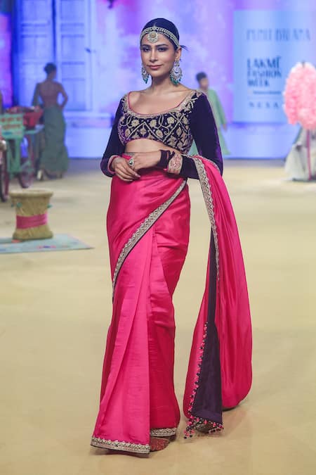 Punit Balana_Pink Organza, Silk, Velvet Embroidery Scoop Neck Marodi Hem Saree With Blouse _Online_at_Aza_Fashions