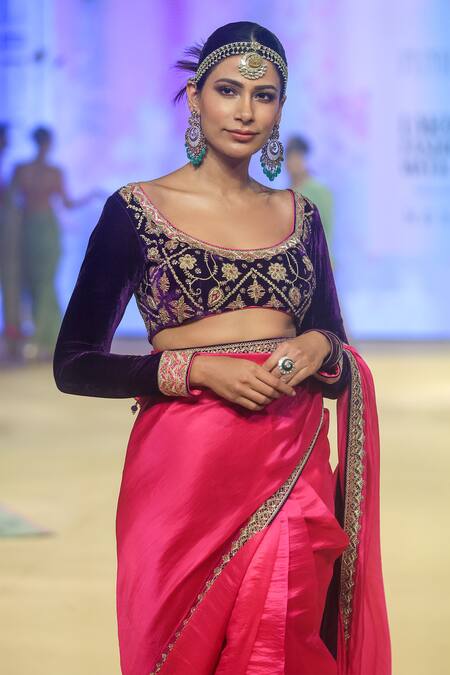 Buy_Punit Balana_Pink Organza, Silk, Velvet Embroidery Scoop Neck Marodi Hem Saree With Blouse _Online_at_Aza_Fashions