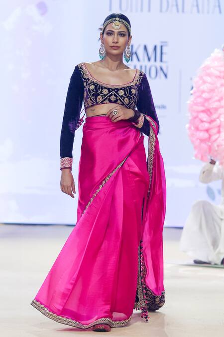 Shop_Punit Balana_Pink Organza, Silk, Velvet Embroidery Scoop Neck Marodi Hem Saree With Blouse _Online_at_Aza_Fashions