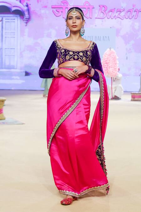 Punit Balana_Pink Organza, Silk, Velvet Embroidery Scoop Neck Marodi Hem Saree With Blouse _at_Aza_Fashions