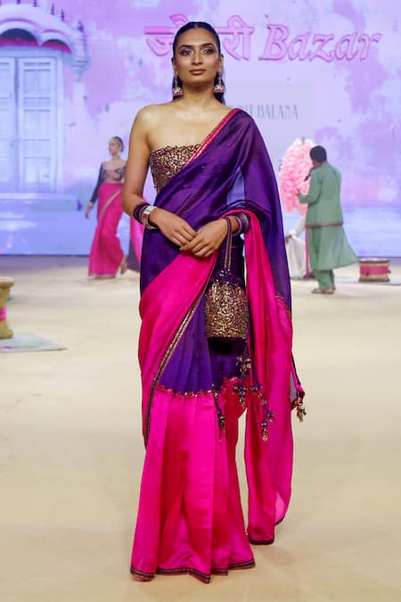 PUNIT BALANA Pink Organza Silk Embroidered Coin One Shoulder Color Block Saree With Blouse 