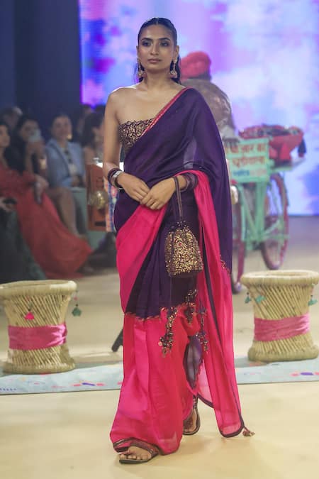 Punit Balana_Pink Organza, Silk Embroidery One Shoulder Coin Color Block Saree With Blouse _Online_at_Aza_Fashions